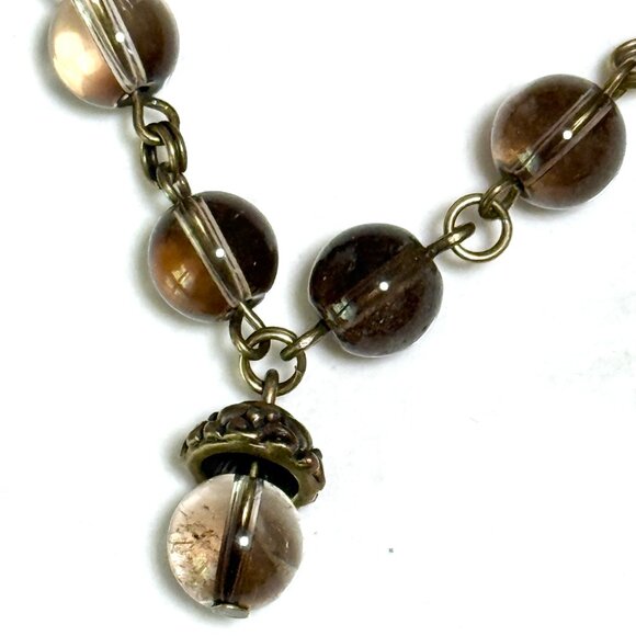 Natural Smoky Quartz Adjustable Short Necklace, Genuine Gemstone + Bronze Acorn - Picture 6 of 13